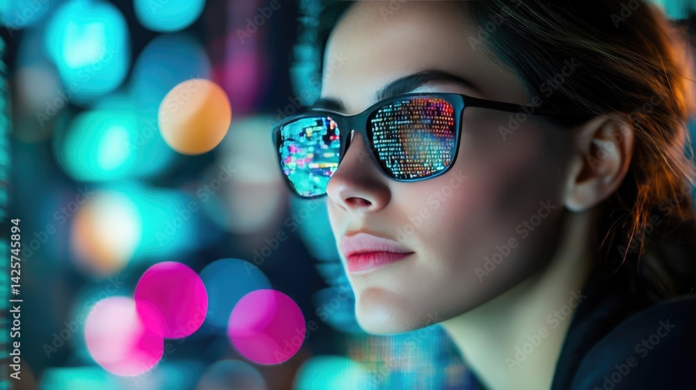 Poster woman looking at code on computer programming data concept. woman wearing glasses reflecting colorfu