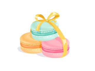 Heap of colorful macarons wrapped with ribbon. Vector cartoon flat illustration of bright sweet cakes