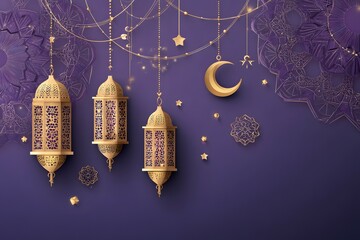 Ornamental golden lanterns with moon and star on purple textured background