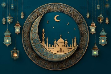 Fototapeta premium Golden mosque silhouette inside moon with arabesque patterned border and lantern decor