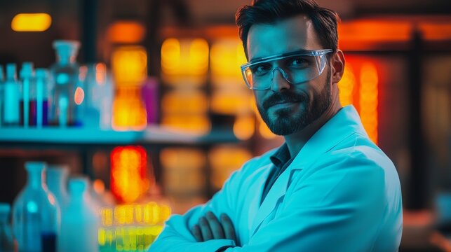 A laboratory equipped with the latest technology is where a confident scientist stands proudly, demonstrating expertise and a strong work ethic