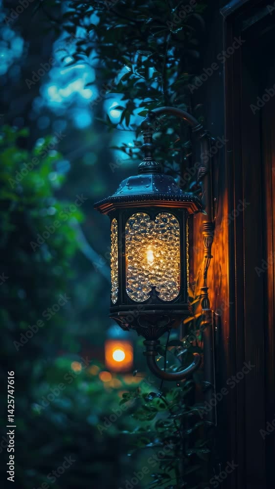 Poster ornate lanterns illuminate a serene garden at dusk, adding warmth to the evening atmosphere and crea