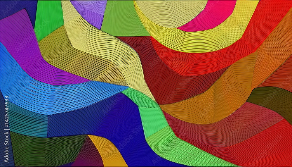 Poster vibrant kaleidoscope of geometric patterns in a modern abstract artwork, showcasing bold colors and 