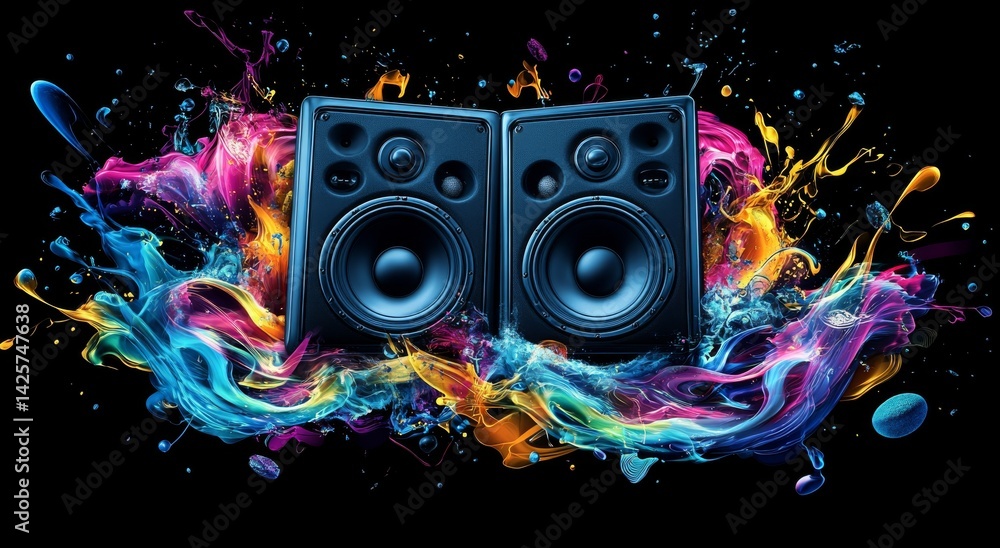 Poster a captivating image of sound waves radiating from a speaker, symbolizing music in a vibrant and grap