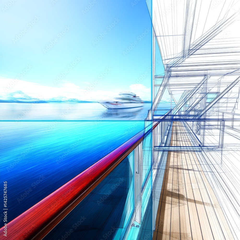 Poster ocean view from cruise ship balcony with architectural blueprint overlay, blending reality and desig