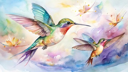 Hand drawn watercolor flying hummingbirds. Boho style. Watercolour illustration. Generative AI.