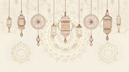 Fototapeta premium Vintage Hanging Lanterns and Mandala Patterned Background with Beige Tone