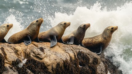 Fototapeta premium California Sea Lions on Rocky Shoreline with Crashing Waves Splashing Behind