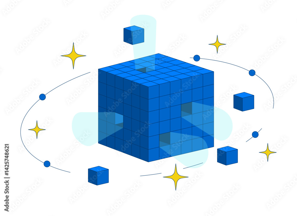 Poster digital data cube with orbiting blocks and sparkles 2d cartoon object. high tech futuristic technolo