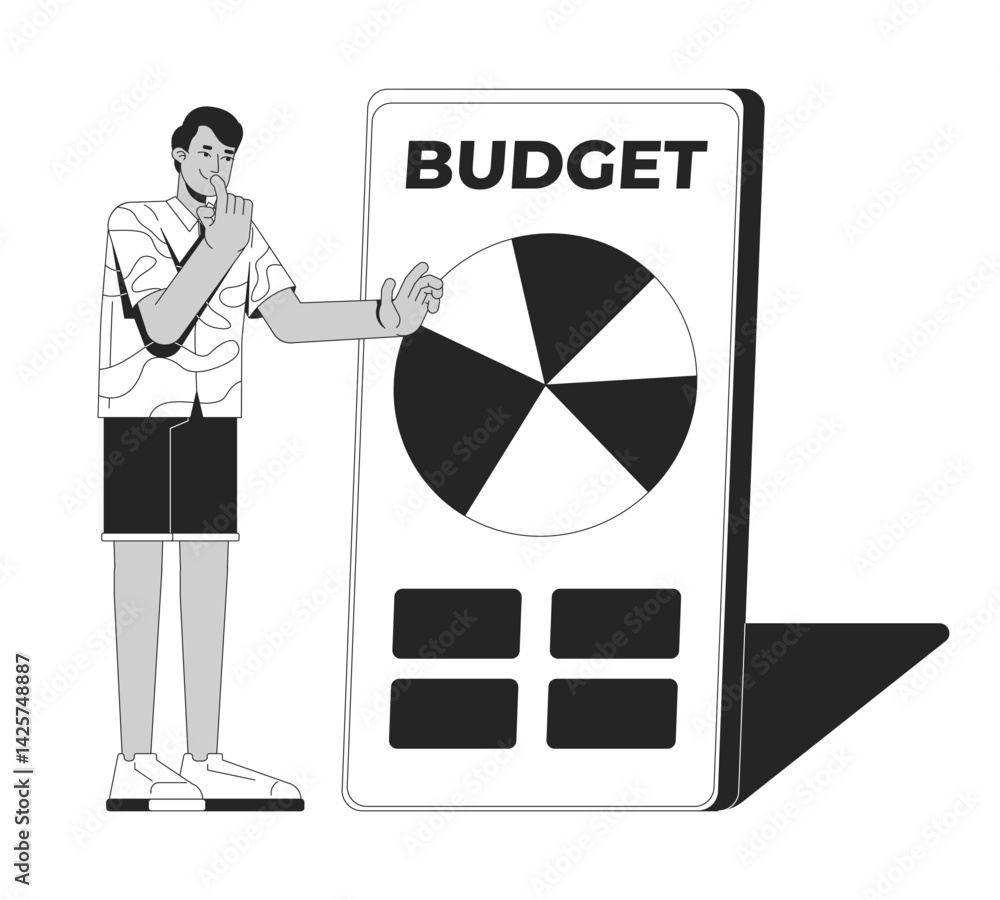 Aufkleber man analyzing pie chart on budgeting app line illustration concept. financial planning. expenses tra