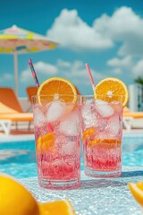 Refreshing pink drinks with ice and orange slices sit poolside on a sunny day. Summer vibes and relaxation.