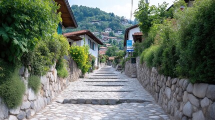 Obraz premium Cobblestone path ascending through a charming village nestled in a hillside