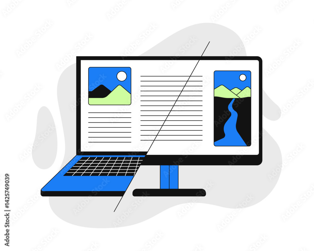 Poster cross-platform compatibility 2d onboarding ui illustration. responsive design. laptop transitioning 