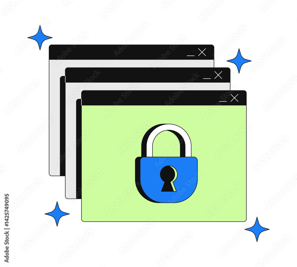 Poster access denied 2d onboarding ui illustration. security, privacy, user data protection. sparkles brows