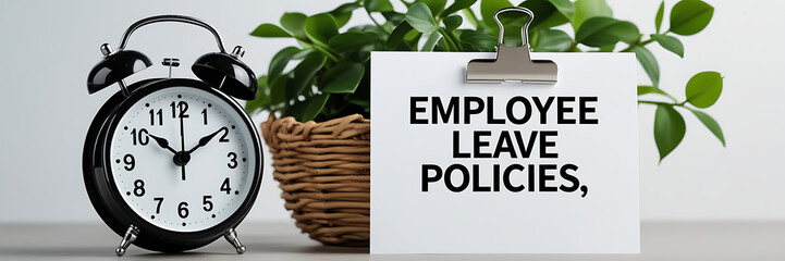 Employee Leave Policies Concept with Clock and Office Decor, HR policy, time off work, employee benefits, paid leave, vacation policy, sick leave, workplace rules, office regulations. 