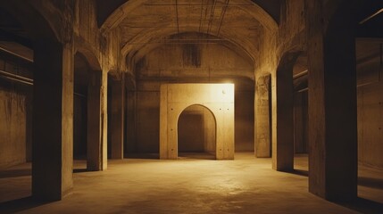Dark, arched concrete cellar interior with central structure.