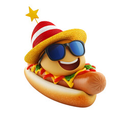 American hotdog with sunglasses and beach hat smiling isolated on white background
