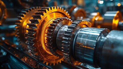 Obraz premium Close-up of a complex machine highlighting the intricate details of industrial gears in motion