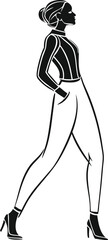 Stylish Woman Silhouette in Walking Pose Vector Line Art