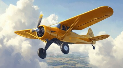 Vintage Yellow Biplane Soaring Through Cloudy Skies, Depicting Nostalgic Aviation Adventure and Artistic Rendering