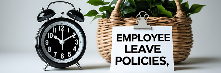 Employee Leave Policies Concept with Clock and Office Decor, HR policy, time off work, employee benefits, paid leave, vacation policy, sick leave, workplace rules, office regulations. 