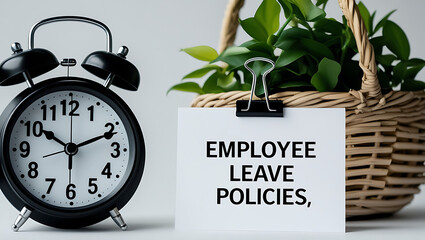 Employee Leave Policies Concept with Clock and Office Decor, HR policy, time off work, employee benefits, paid leave, vacation policy, sick leave, workplace rules, office regulations. 