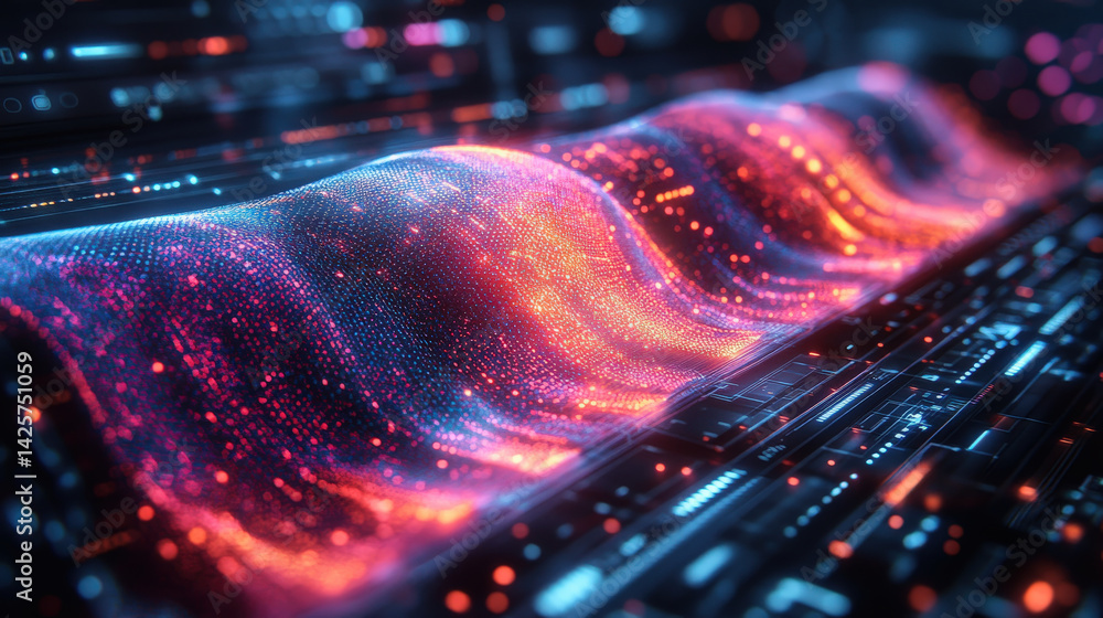 Poster dynamic holographic projection displays smart fabric analysis with vibrant colors and intricate digital patterns, evoking sense of futuristic technology and innovation