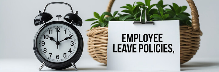 Employee Leave Policies Concept with Clock and Office Decor, HR policy, time off work, employee benefits, paid leave, vacation policy, sick leave, workplace rules, office regulations. 