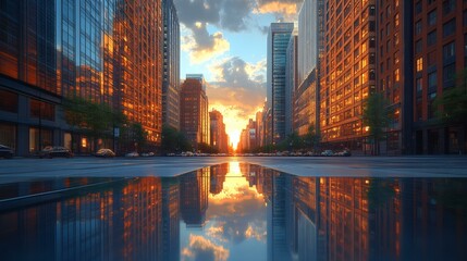 Obraz premium Urban high-rise reflection on wet street at sunset, creating a captivating mirrored cityscape and vivid colors.