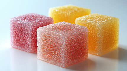 Colorful sugar cubes in pink, orange, and yellow hues are arranged on smooth surface, showcasing their crystalline texture and vibrant appearance