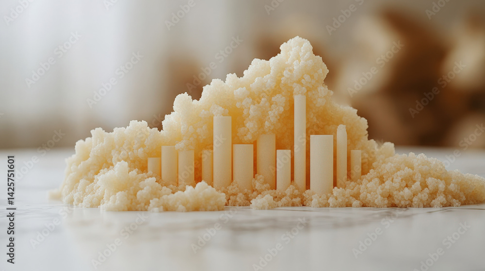 Poster minimalist bar chart infographic creatively formed with sugar cubes and granules, illustrating avera