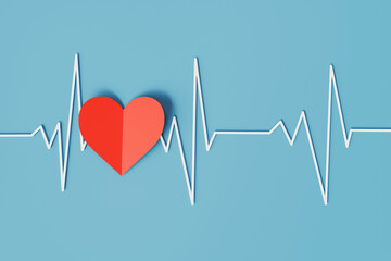 White heartbeat line with red heart shape on blue background.