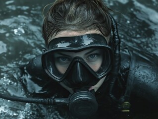 Female diver in full scuba gear, emerging from the water with intense blue eyes and focused gaze.