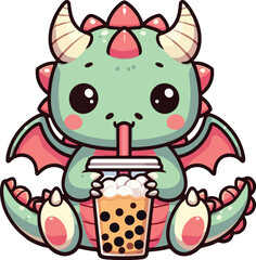 Cute Chibi Dragon Drinking Bubble Boba Milk Tea Character Cartoon Illustration