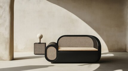 Modern, minimalist black couch with woven rattan detailing.