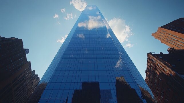 Reflective glass skyscrapers towering above, viewed from below against a blue sky with scattered clouds, creating a sense of verti