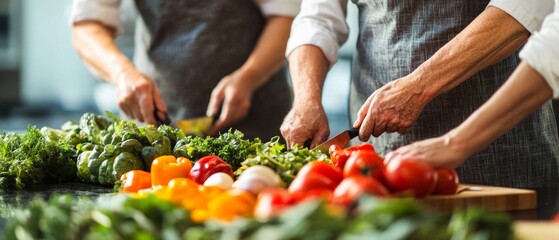 People cooking fresh vegetables in the kitchen emphasizing healthy eating. Useful for blogs about cooking, health, lifestyle.