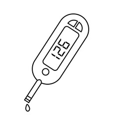 Graphic icon of a glucometer with a blood sample, a medical device 
used by doctors for checking blood sugar, commonly used for diabetic patients. 
Outline Vector.
