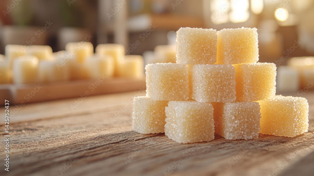 Poster pyramid of sugar cubes is stacked neatly on rustic wooden surface, bathed in warm sunlight. texture of sugar is visible, creating cozy and inviting atmosphere
