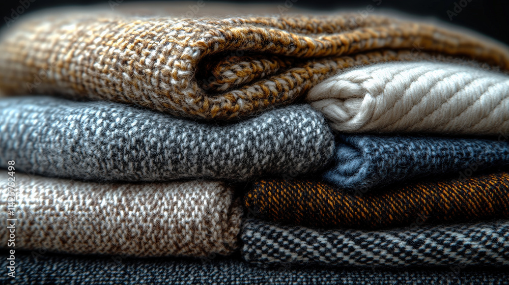 Poster stack of folded, textured fabrics in various colors and patterns, including brown, gray, and cream, 
