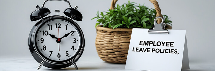 Employee Leave Policies Concept with Clock and Office Decor, HR policy, time off work, employee benefits, paid leave, vacation policy, sick leave, workplace rules, office regulations. 