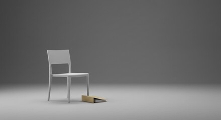 Minimalist white chair with a wooden object on a gray background  