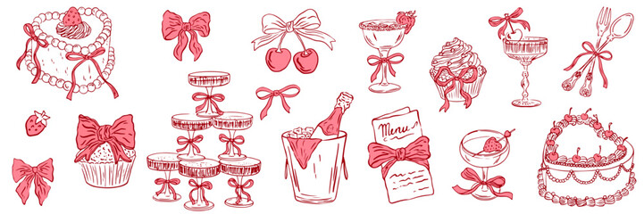 Hand drawn chalk food illustrations. Coquette Italian style wedding dinner champagne tower, cocktails, cakes, bows drawings for wedding invitations, menus and parties. Ink doodle sketch style