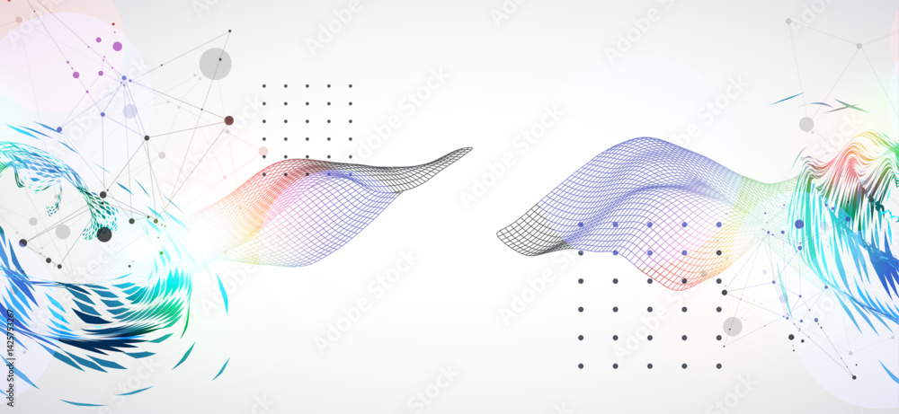 Aufkleber Wireframe wave with swirling pattern of colored elements in the center. Scientific background. Vector.