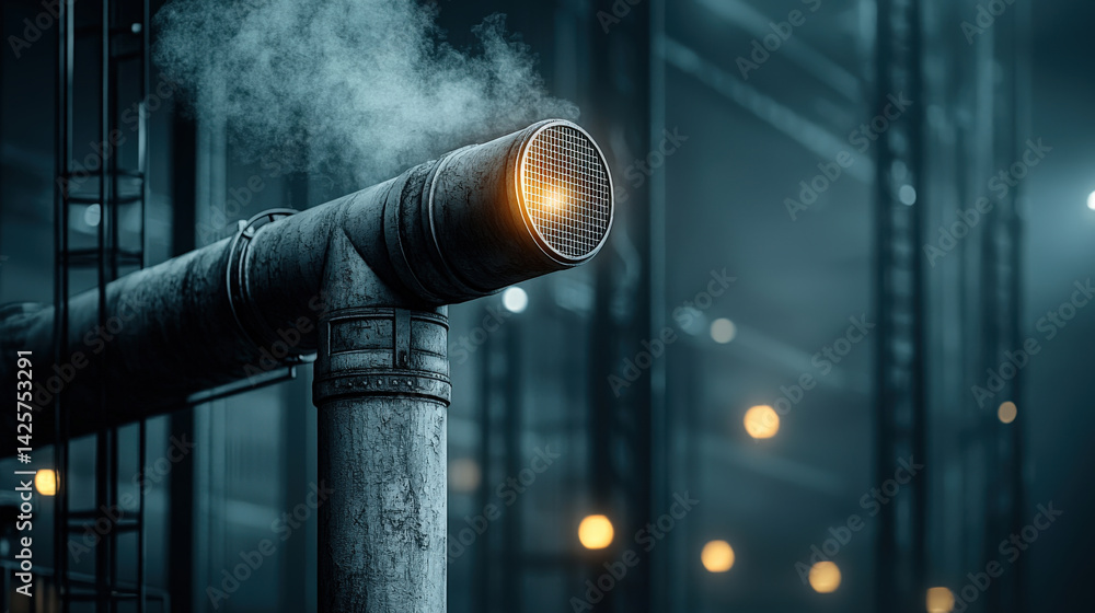 Poster detailed view of industrial piping with steam emitting, set in dimly lit factory environment. scene 