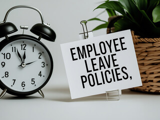 Employee Leave Policies Concept with Clock and Office Decor, HR policy, time off work, employee benefits, paid leave, vacation policy, sick leave, workplace rules, office regulations. 