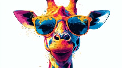 Colorful Pop Art Giraffe Portrait Wearing Sunglasses on White Background - Vibrant and Fun Animal Illustration