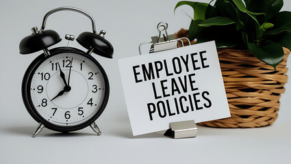 Employee Leave Policies Concept with Clock and Office Decor, HR policy, time off work, employee benefits, paid leave, vacation policy, sick leave, workplace rules, office regulations. 