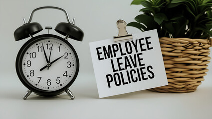 Employee Leave Policies Concept with Clock and Office Decor, HR policy, time off work, employee benefits, paid leave, vacation policy, sick leave, workplace rules, office regulations. 
