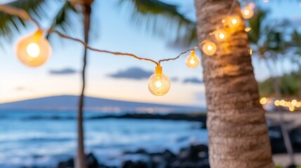 Tropical beach sunset with string lights and palm trees
